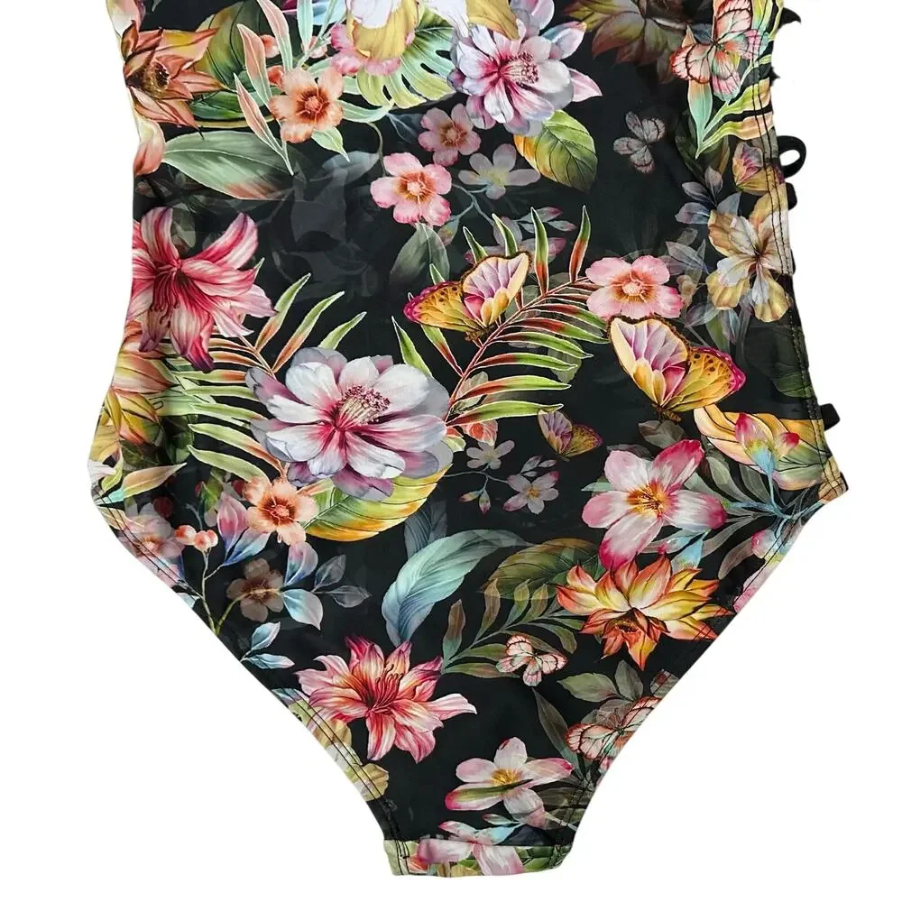 Coral Tropics One Shoulder Floral One Piece Swimsuit Size S